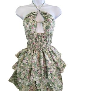 Green Floral Halter Ruffle Dress